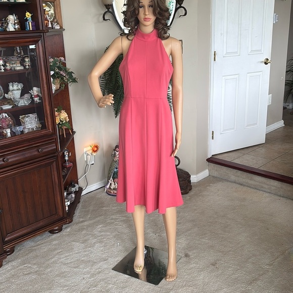 Donna Morgan Coral Tailored Midi Dress Halter Mock Neck Sleeveless Fit & Flare - Picture 16 of 16
